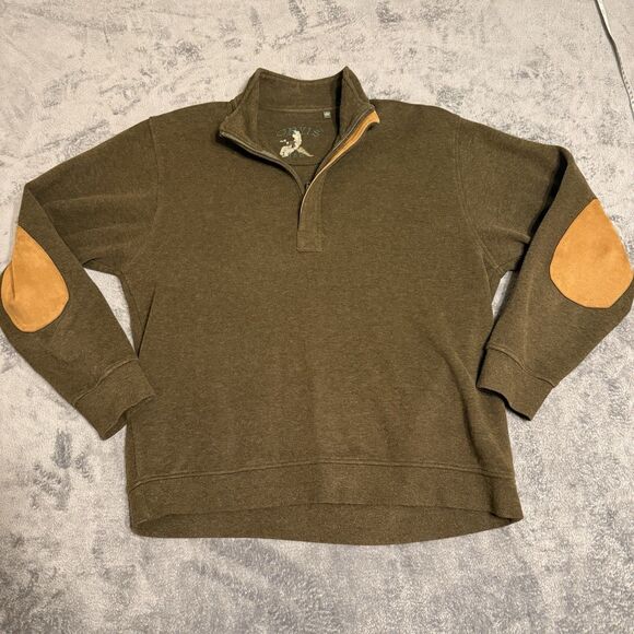 Orvis Men's Green 1/4 Zip Pullover Sweater Brown Suede Elbow Patches Size Large - Picture 1 of 7